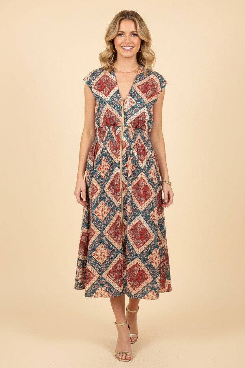 Sherrie Smocked Waist Patchwork Midi Dress • Rust L