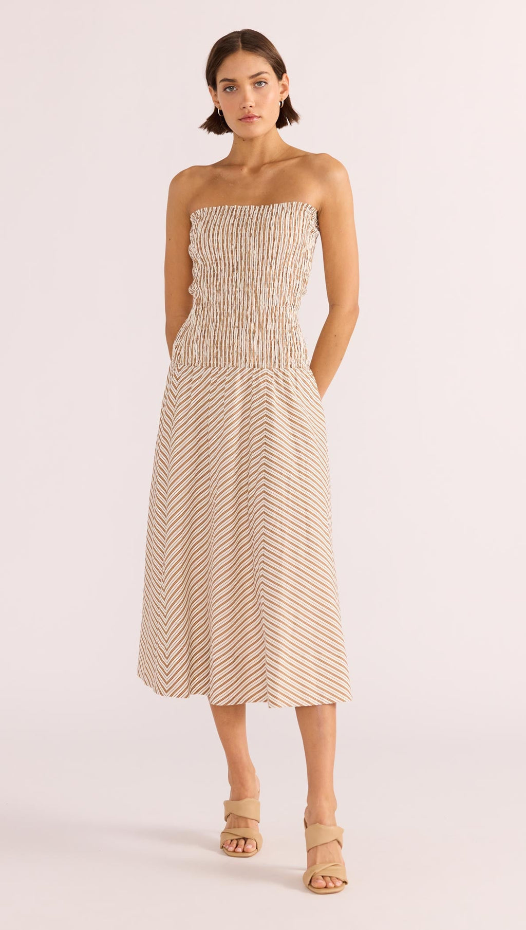 Artemis Shirred Bandeau Midi Dress • Tan M