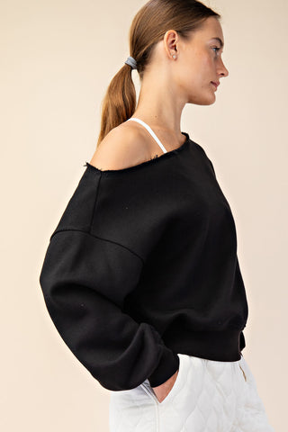 French Terry Fleece Off Shoulder Sweatshirt • Black
