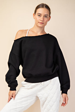 French Terry Fleece Off Shoulder Sweatshirt • Black