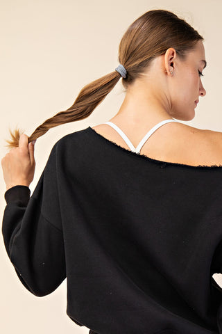 French Terry Fleece Off Shoulder Sweatshirt • Black