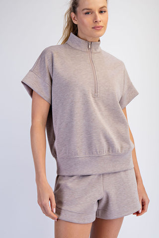 Cloud Soft Quarter Zip Short Sleeve Top • Heather Taupe