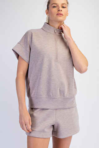 Cloud Soft Quarter Zip Short Sleeve Top • Heather Taupe