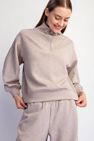 Modal Scuba Quarter Zip Barrel Sleeve Top • Heather Taupe