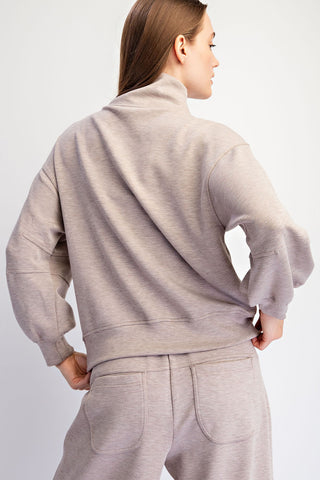 Modal Scuba Quarter Zip Barrel Sleeve Top • Heather Taupe
