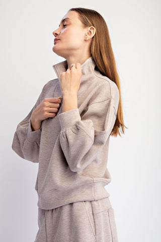 Modal Scuba Quarter Zip Barrel Sleeve Top • Heather Taupe