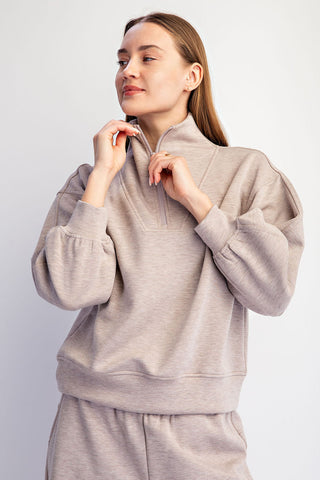 Modal Scuba Quarter Zip Barrel Sleeve Top • Heather Taupe