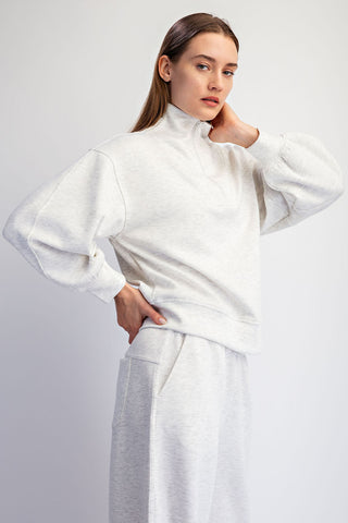 Modal Scuba Quarter Zip Barrel Sleeve Top • Light Heather Grey