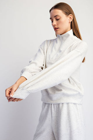 Modal Scuba Quarter Zip Barrel Sleeve Top • Light Heather Grey