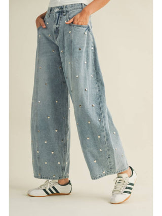 Studded Barrel Denim Pants • Light Denim