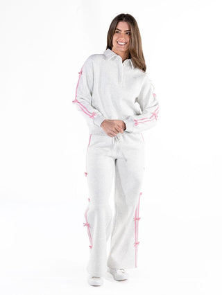 Velvet Stripe Bow Sweatpants • Grey & Pink