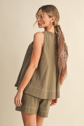 Simple Me Stitch Sleeveless Top and Shorts Set • Olive