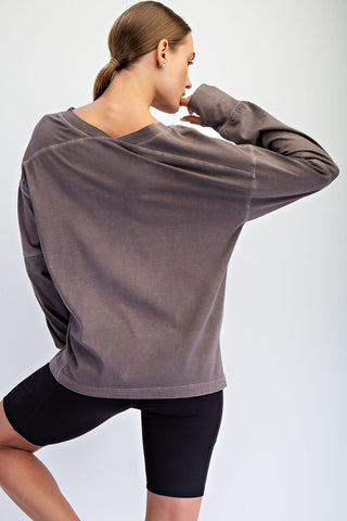 Yuri Pigment Washed Cotton V-Neck Top • Mocha