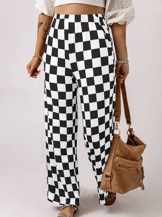 Checked Print High Waist Wide Leg Pants • Black