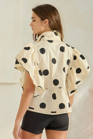 Ruffle Sleeves Pintuck Polka Dot Top • Cream + Black