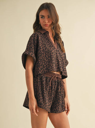 Leopard Cropped Short Sleeve and Shorts Set