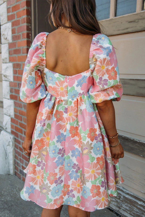 Summer Floral Square Neck Dress • Pink