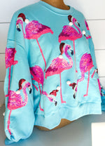 QOS Aqua Flamingo In Santa Hats Sweatshirt