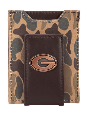 Georgia Bulldogs Men's Magnetic Front Pocket Old School Camo Leather Wallet • Brown Tan Camo