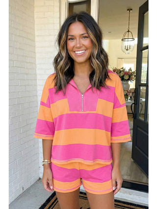 Stripe Me Away Oversized Top and Shorts Set • Pink/Orange