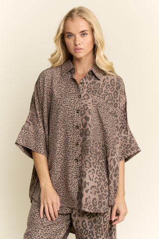 Animal Printed Ribbon Ruffle Sleeve Shirt Top • Mocha