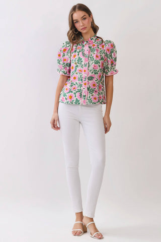 Rowen Floral Print Button Down Blouse • Pink