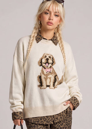 Cuddly Dog Graphic Intarsia Sweater • Ivory