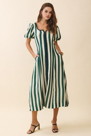 Be Bold Vertical Stripes Square Neck Midi Dress • Green