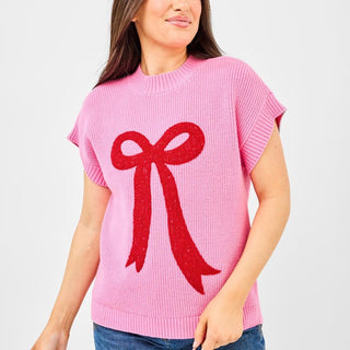 Josie Boucle Bow Sleeveless Sweater • Pink