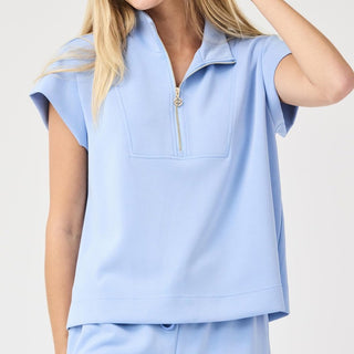 Stephanie Zip Short Sleeve Top • Blue