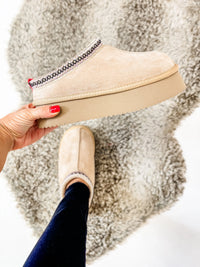 Pillow Talk Platform Slide • Camel Faux Suede