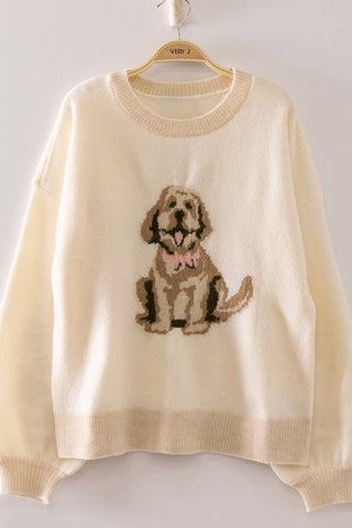 Cuddly Dog Graphic Intarsia Sweater • Ivory