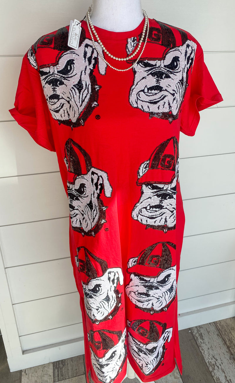 QOS Licensed Red Sequin Bulldog Head Midi Shirt Dress