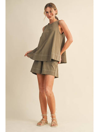 Simple Me Stitch Sleeveless Top and Shorts Set • Olive