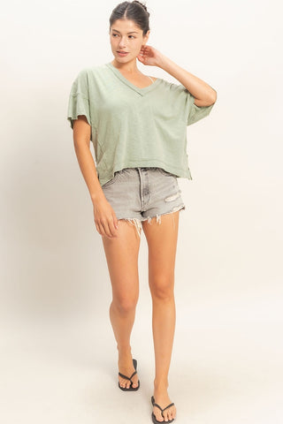 Alaina Oversized V-Neck Top • Sage Green