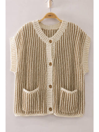 Vivie Two-Tone Rib Knit Vest Cardigan • Cream & Taupe