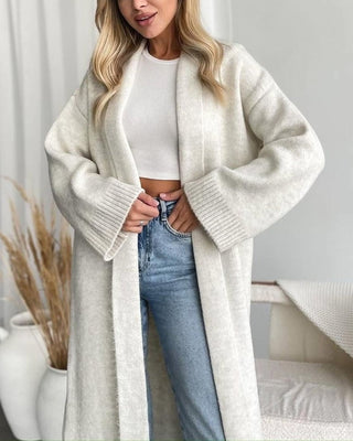 Elegant Collarless Open Front Long Cardigan • White Gray