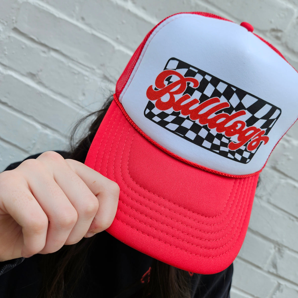 Checkered Bulldogs Puff Hat • Red + Black