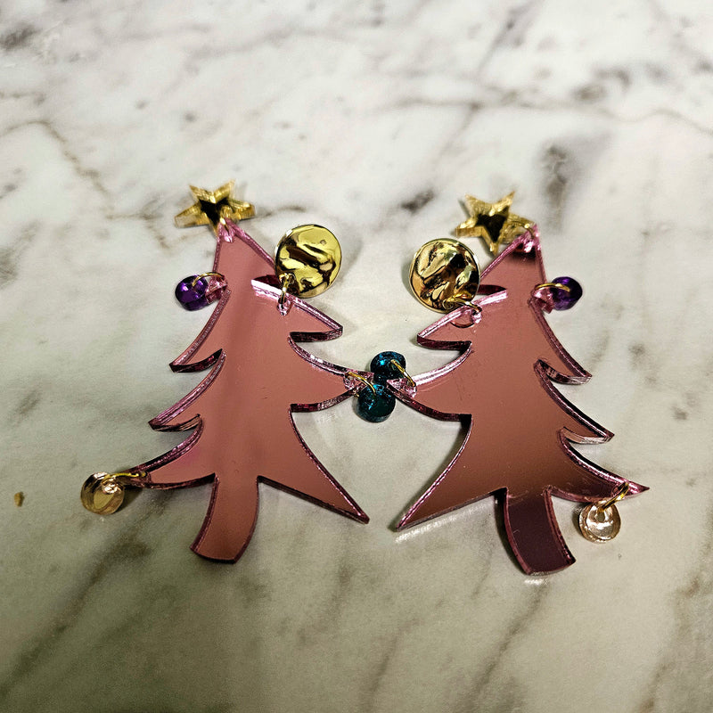 Christmas Tree Acrylic Earrings • Pink