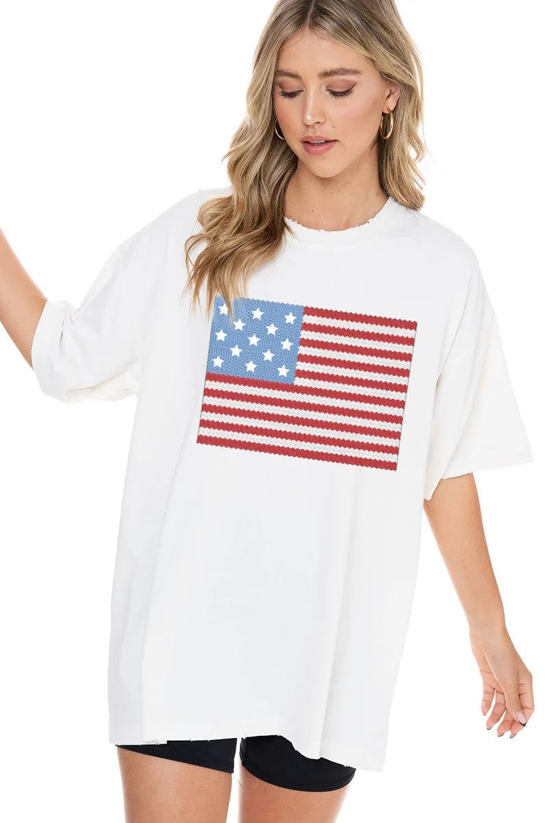American Flag Puff Oversized Graphic Tee • White