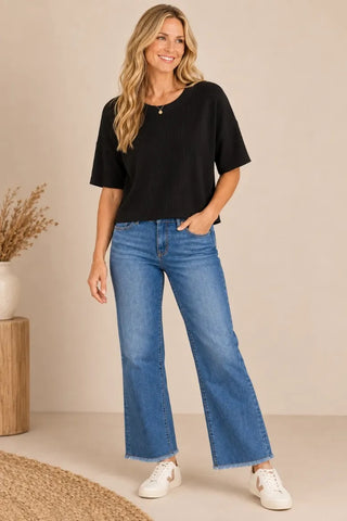 Racquel Ribbed Knit Raw Hem Tee • Black