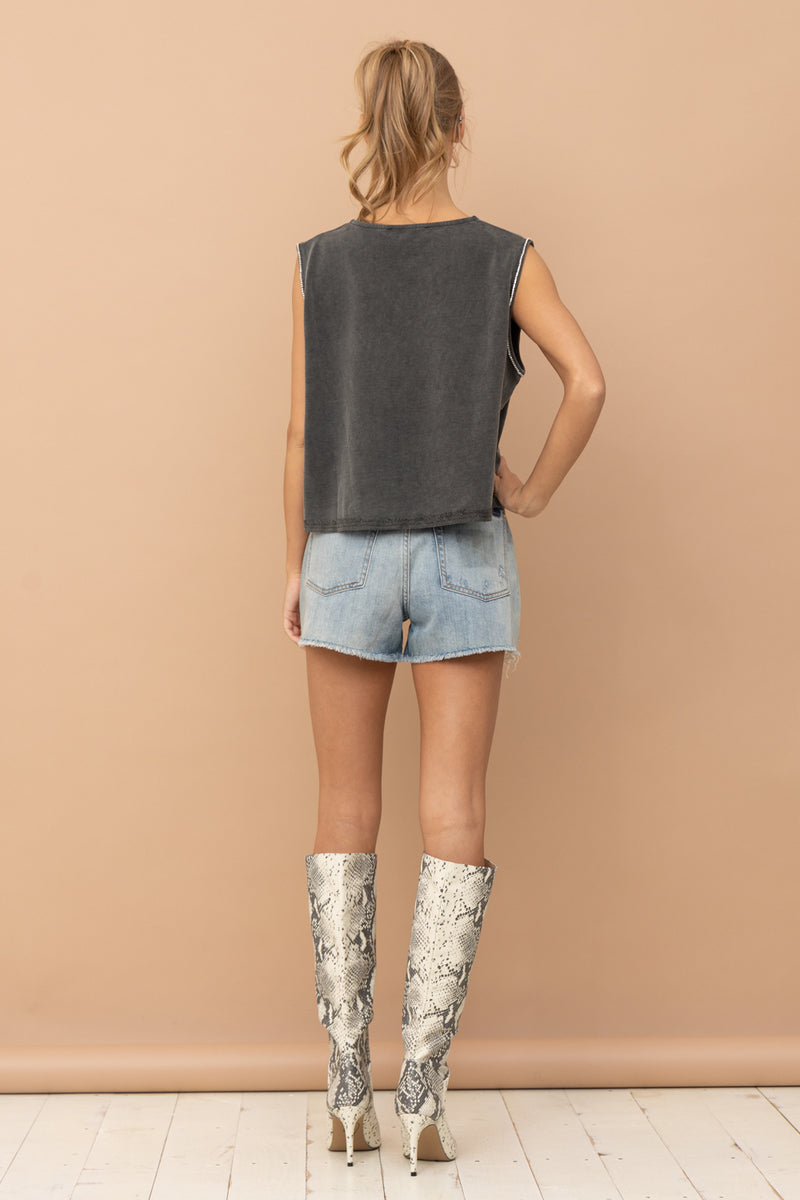 Mineral Washed Crop Rhinestone Front • Charcoal
