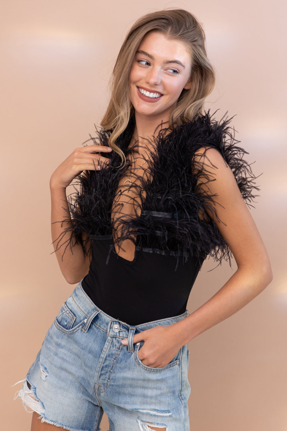 Feather Shoulder Bodysuit • Black