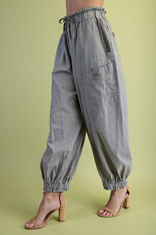 Indy Striped Gathered Ankle Parachute Pants • Olive Mix
