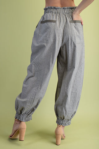 Indy Striped Gathered Ankle Parachute Pants • Olive Mix