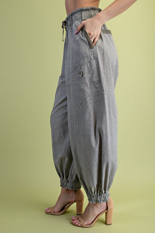Indy Striped Gathered Ankle Parachute Pants • Olive Mix