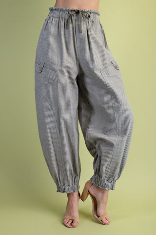 Indy Striped Gathered Ankle Parachute Pants • Olive Mix
