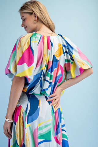 Iris Abstract Balloon Pleated Crop Top • Sky