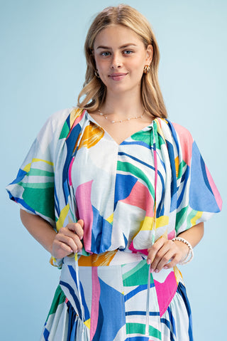 Iris Abstract Balloon Pleated Crop Top • Sky