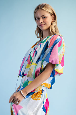 Iris Abstract Balloon Pleated Crop Top • Sky